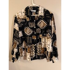 Joanna Women's XLarge‎ Black Gold Abstract Print Button Up Long Sleeve Shirt